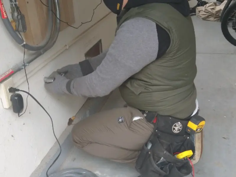 Electrician performing outlet wiring in a Snowflake garage